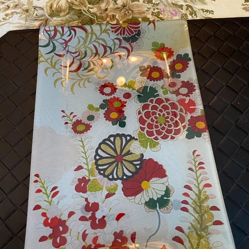 Vintage Glass Rectangle Tray with Colorful Flower Print Design